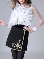 Shirt für Frauen White Organza Turndown Kragen Sheer Retro Flowers Long Sleeves Tops