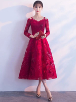 Short Prom Dresses Burgund Spitze Graduierung Kleid Cold Shoulder Langarm Tee Länge Cocktailkleid