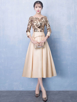 Short Prom Kleider Light Gold Satin Spitze Langarm Cocktail Party Kleid