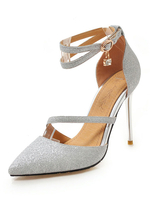 Silber High Heels Glitter spitze Zehe Ankle Strap Prom Schuhe Damen Abendschuhe
