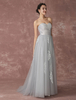 Silber Hochzeitskleid Beach Strand Brautkleid trägerlosen Tüll Brautkleid grau Backless Stickereien Perlen Gericht Zug Spitze Brautkleid Milanoo
