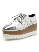 Silber Oxfords Frauen Plattform Keilabsatz Square Toe Star Aushöhlen Schnürschuhe