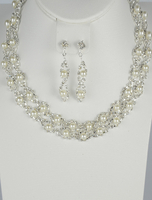 Silber; trendige Perle Strass Hochzeit Ohrringe und Halskette Schmuck-Set