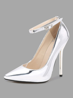 Silberne High Heels Frauen Spitze Zehen PU Einstellbare Knöchelriemen Pumps Kleid Schuhe