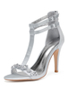 Silberne Hochzeitsschuhe Satin Open Toe Strasssteine T-Typ Knöchelriemen Brautschuhe High Heel Sandals