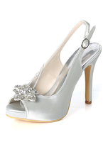 Silberne Hochzeitsschuhe Satin Peep Toe Strass High Heel Brautschuhe