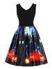 Skater-Kleid mit V-Ausschnitt Black ärmel Halloween Printed Ausgestelltes legere Kleidung Swing-Kleid