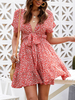 Skater-Kleid mit V-Ausschnitt mit kurzen Ärmeln Lace Up Printed Sexy Sitz und Aufflackern-Kleid