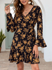 Skater-Kleid mit V-Ausschnitt mit langen Ärmeln Ausgestelltes Sleeves Blumendruck schnüren sich oben Printed Ausgestelltes Kleid