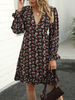 Skater-Kleid mit V-Ausschnitt mit langen Ärmeln Schwarz Rüschen Printed Fit Und Ausgestelltes Kleid