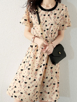 Skater Kleider Aprikose Blumendruck Muster Polyester Jewel Neck Kurzarm Ausgestelltes Kleid
