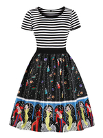 Skater Kleider Jewel Ausschnitt mit kurzen Ärmeln gefaltete Streifen Layered beiläufige Sitz Ausgestelltes Kleid
