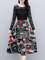 Skater Kleider Jewel Ausschnitt mit langen Ärmeln schwarz gedruckt Semi Sheer Sitz und Aufflackern-Kleid