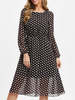 Skater Kleider Jewel Neck Lange Ärmel Plissee Polka Dot Layered Casual Chiffon Ausgestelltes Kleid
