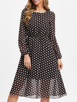 Skater Kleider Jewel Neck Lange Ärmel Plissee Polka Dot Layered Casual Chiffon Ausgestelltes Kleid
