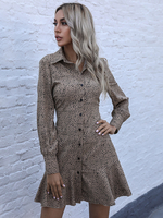 Skater Kleider Khaki Turndown Kragen Langarm Ärmel Bedrucktes Muster Classic Cotton Flared Dress