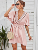 Skater Kleider Rosa V-Ausschnitt mit halben Ärmeln Plissee Asymmetrisch Lässig Sommer Fit Und Flare Kleid