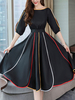 Skater Kleider Streifen Chiffon Jewel Ausschnitt Black Halbarm Layered Ausgestelltes Kleid