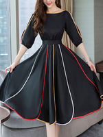 Skater Kleider Streifen Chiffon Jewel Ausschnitt Black Halbarm Layered Ausgestelltes Kleid