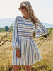 Skater Kleider Streifen Muster Polyester Jewel Neck Plissee Weiß Lässig Langarm Ausgestelltes Kleid
