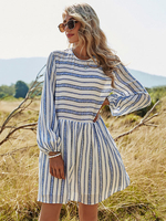 Skater Kleider Streifen Muster Polyester Jewel Neck Plissee Weiß Lässig Langarm Ausgestelltes Kleid