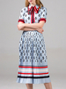 Skater Kleider Stripes Umlegekragen mit kurzen Ärmeln Lace Up Printed beiläufige Sitz Ausgestelltes Kleid