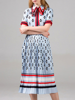 Skater Kleider Stripes Umlegekragen mit kurzen Ärmeln Lace Up Printed beiläufige Sitz Ausgestelltes Kleid