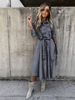 Skater Kleider Turndown Kragen Langarm Knöpfe Übergroße Casual Maxi Fit und Flare Kleid