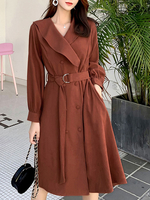Skater Kleider Turndown Kragen Schnüren Khaki Classic Long Sleeves Sash Flared Dress