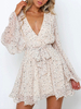 Skater Kleider V-Ausschnitt Lange Ärmel Ausgestellte Ärmel Schnüren Blumendruck Cupless Layered Sexy Ausgestelltes Kleid
