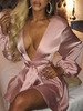 Skater Kleider V-Ausschnitt Schnüren rosa sexy lange Ärmel rückenfreie Schärpe Fit und Flare Kleid