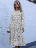 Skater Kleider White Jewel Neck Langarm Langes Blumenmuster Klassisches ausgestelltes Kleid