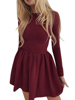 Skaterkleider Baumwollmischung Jewel Neck Blau Lässige Kleidung mit langen Ärmeln und ausgestelltem Kleid