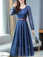 Skaterkleider Jewel Neck Long Sleeves Plissee Blumendruck Layered Classic Ausgestelltes Kleid