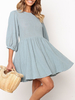 Skaterkleider Polyester Jewel Neck Blue Casual 3/4 Länge Ärmel ausgestelltes Kleid