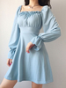 Skaterkleider Polyester Square Neck Lace Up Light Sky Blue mit langen Ärmeln ausgestelltes Kleid