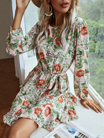 Skaterkleider Rosa Blumendruck Polyester Jewel Neck Lace Up Klassisch lange Ärmel ausgestelltes Kleid