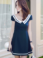 Skaterkleider Sailor Kragen mit kurzen Ärmeln Piping Two Tone JK Summer Fit und Flare Kleid