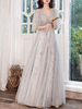 Sliver Abendkleid A-Line V-Ausschnitt Spitze Perlen Soziale Bodenlangen Pageant Kleider Abendkleid