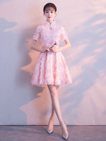 Soft Pink Prom Dresses Spitze Kurz Graduierung Kleid Stehkragen Cocktailkleid