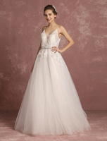Sommer Brautkleider 2020 Boho Spitze Blumen Applique Tüll Brautkleid Eine Linie Perlen Schärpe Spaghetti Straps bodenlangen Brautkleid