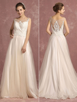 Sommer Brautkleider 2020 Tulle Illusion Spitze Applique Brautkleid Elfenbein Schaufel Hals Ärmellos Eine Linie Brautkleid Mit Zug