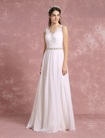 Sommer Brautkleider 2021 Chiffon Boho Brautkleid V-Ausschnitt Spitze Perlen eine Linie Maxi Brautkleid