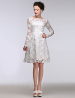 Sommer Brautkleider 2021 kurze Spitze eine Linie lange Ärmel Bateau Brautkleid weiße Schärpe knielangen Brautkleid