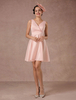 Sommer Brautkleider 2021 Rosa Kurz V-Ausschnitt Satin A-Linie Cocktailkleid Mit Schärpe