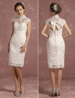 Sommer Brautkleider 2021 Spitze kurze hohe Kragen Brautkleid Illusion Mantel ärmellose Schleife Schlüsselloch Knielänge Brautkleid Milanoo