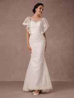 Sommer Brautkleider 2021 Spitze Meerjungfrau Backless Brautkleid Illusion Ausschnitt Gericht Zug Beach Strand mit abnehmbare Band Schärpe Milanoo
