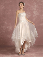 Sommer Brautkleider 2021 Spitze Perlen Brautkleid trägerlosen ärmellosen eine Linie hoch niedrigen Brautkleid