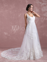 Sommer Brautkleider 2021 Tüll Schatz Brautkleid Riemen Spitze Applique eine Linie drapiert Brautkleid mit Kathedrale Zug