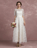 Sommer Brautkleider Lace Illusion Sweetheart Beach Strand Brautkleid Halbe Ärmel 3D Blumen Schlüsselloch Band Bogen Schärpe Knöchel Länge Brautkleid Milanoo